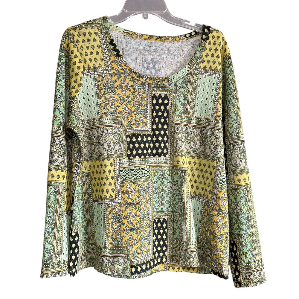 Canyon Retreat Sz Large‎ Patchwork Print Long Sleeve Scoop Neck Top Raw Edge